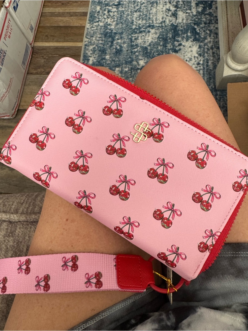 Simply Southern Pink Cherry Print Zip Wristlet with Red Accents